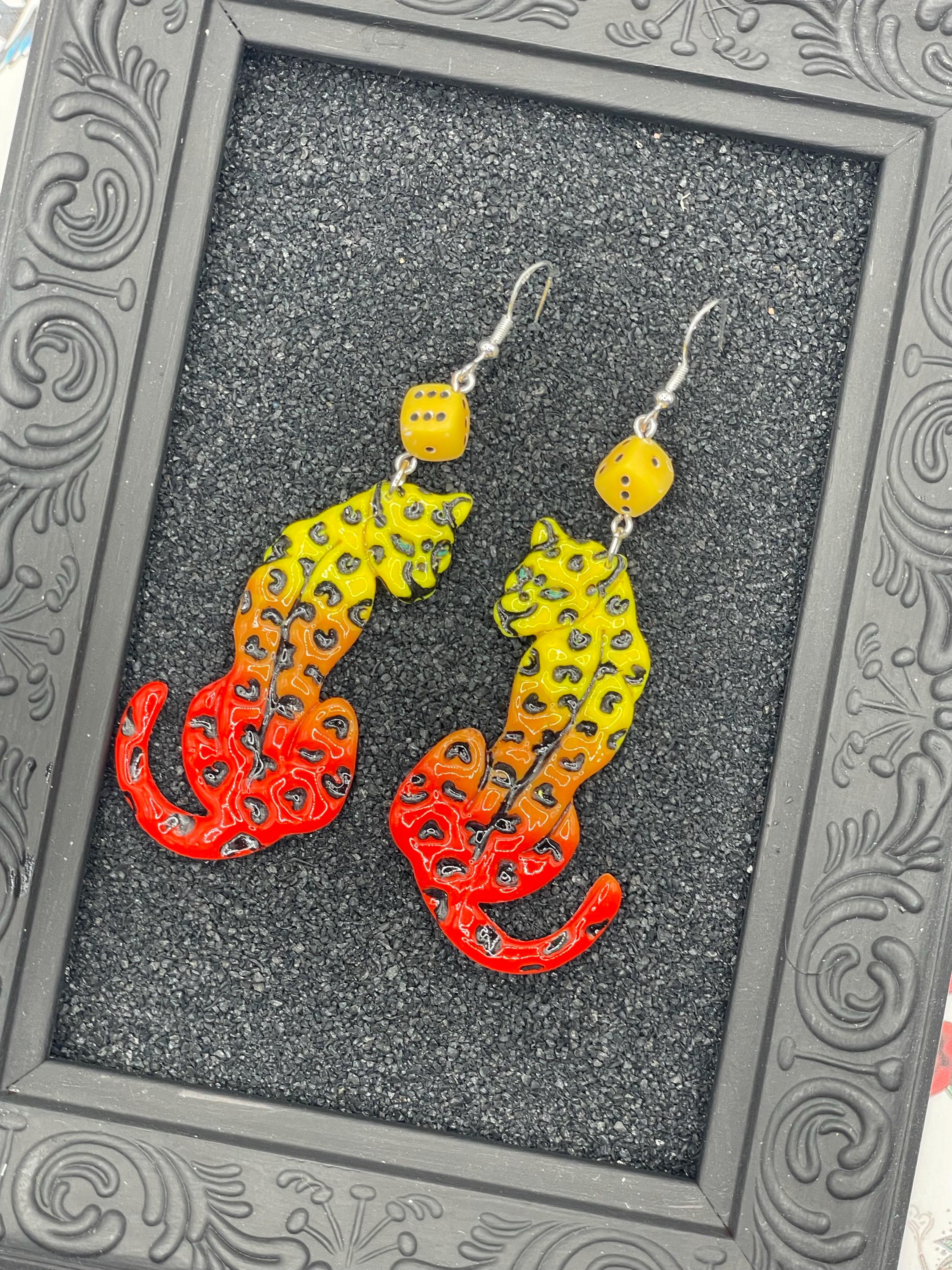 Tattoo-Ombré Cheetah Earrings with Dice Details: Handmade, Hand-Painted Polymer Clay