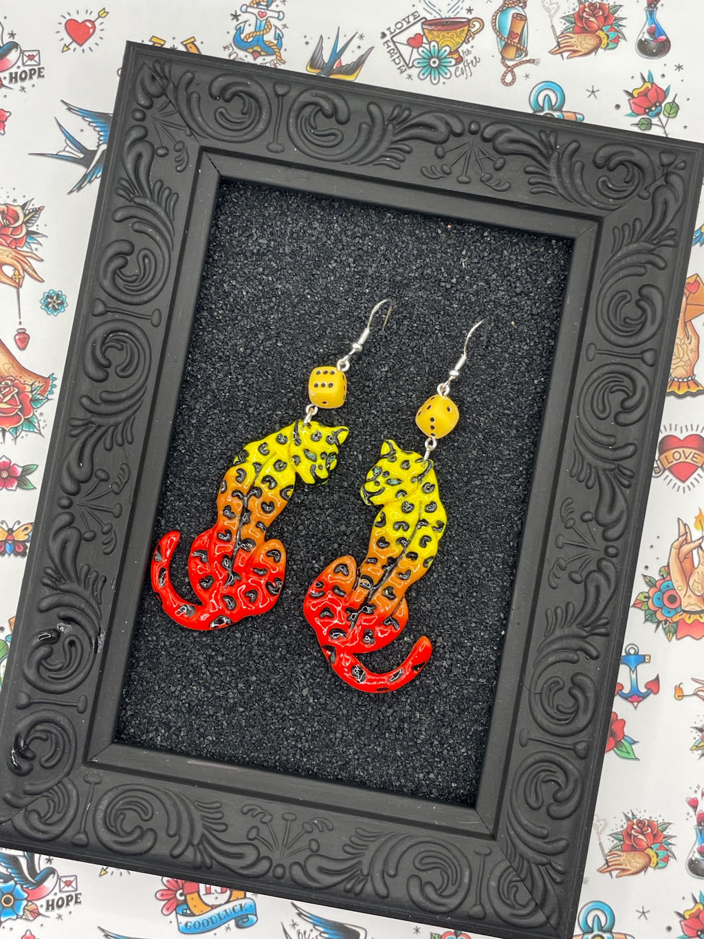 Tattoo-Ombré Cheetah Earrings with Dice Details: Handmade, Hand-Painted Polymer Clay