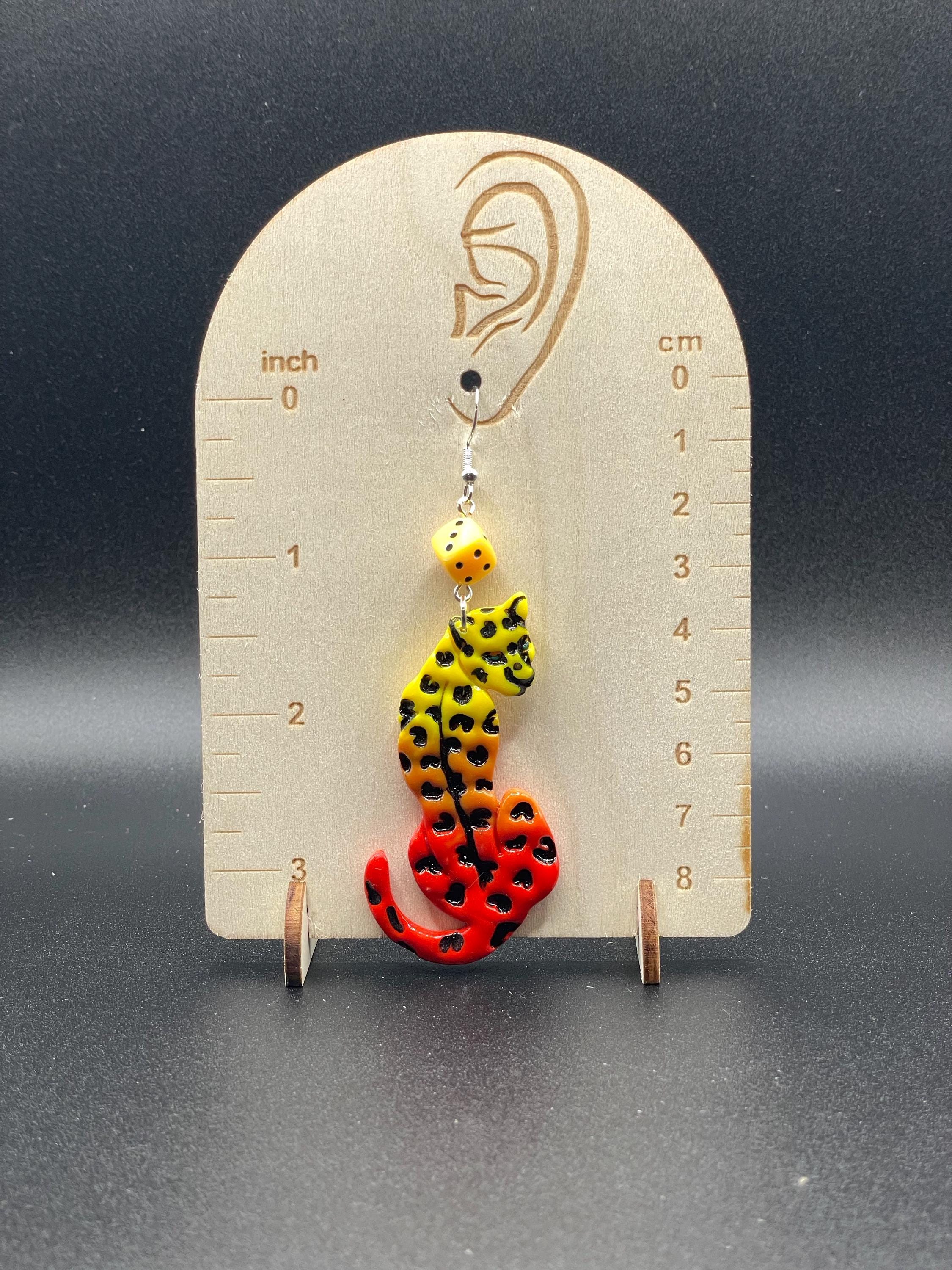 Tattoo-Ombré Cheetah Earrings with Dice Details: Handmade, Hand-Painted Polymer Clay