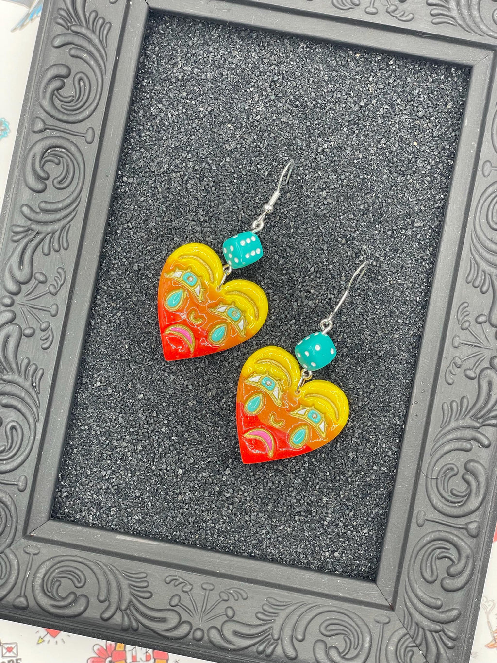 Tattoo-Crying Ombré Heart Earrings with Dice Details: Handmade, Hand-Painted Polymer Clay