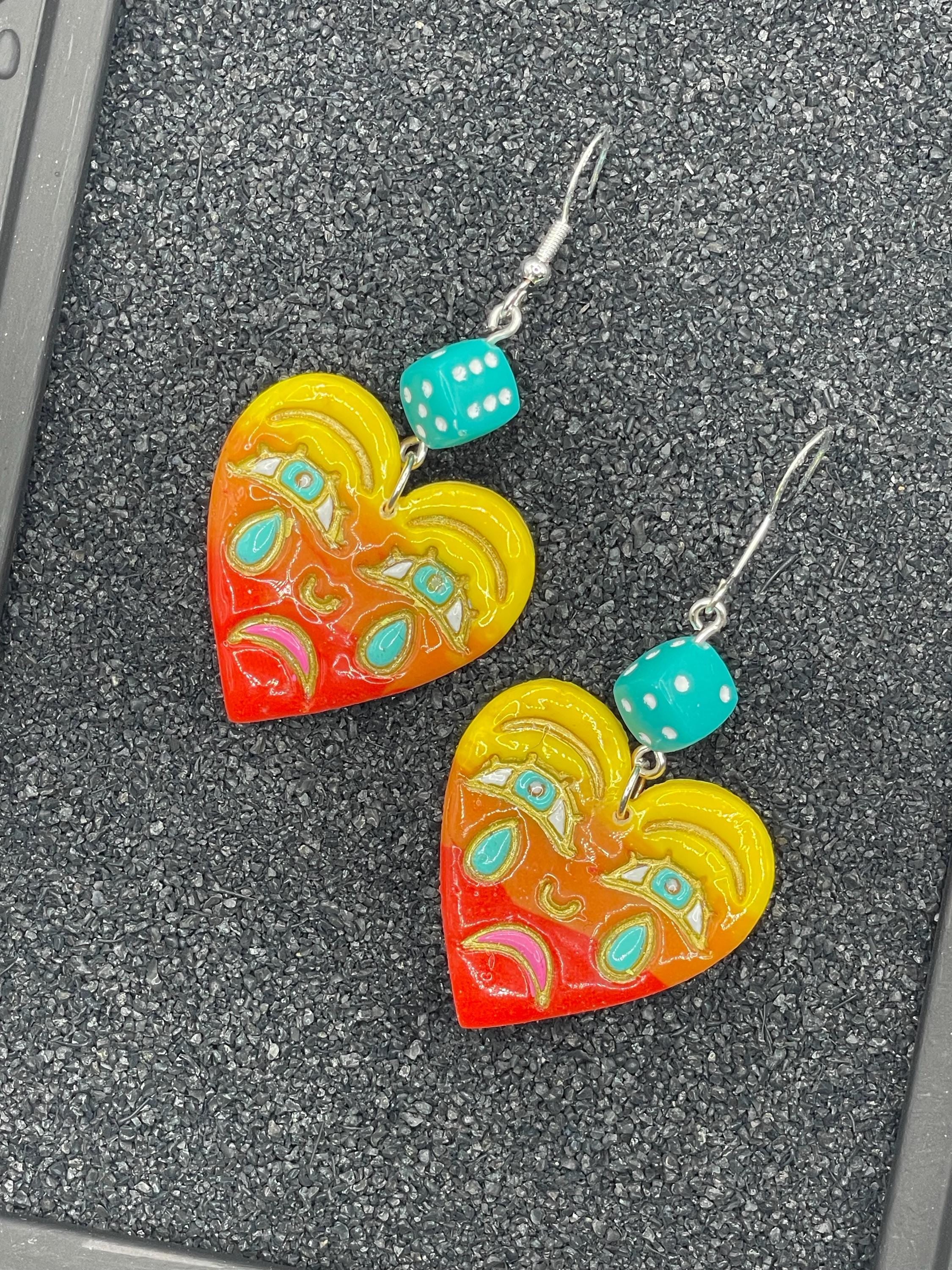 Tattoo-Crying Ombré Heart Earrings with Dice Details: Handmade, Hand-Painted Polymer Clay