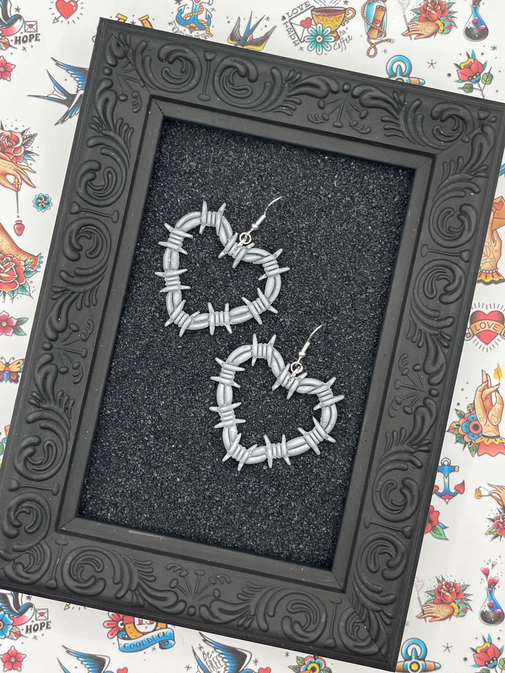 Tattoo-Barbwire Heart Tattoo Earrings: Handmade, Polymer Clay