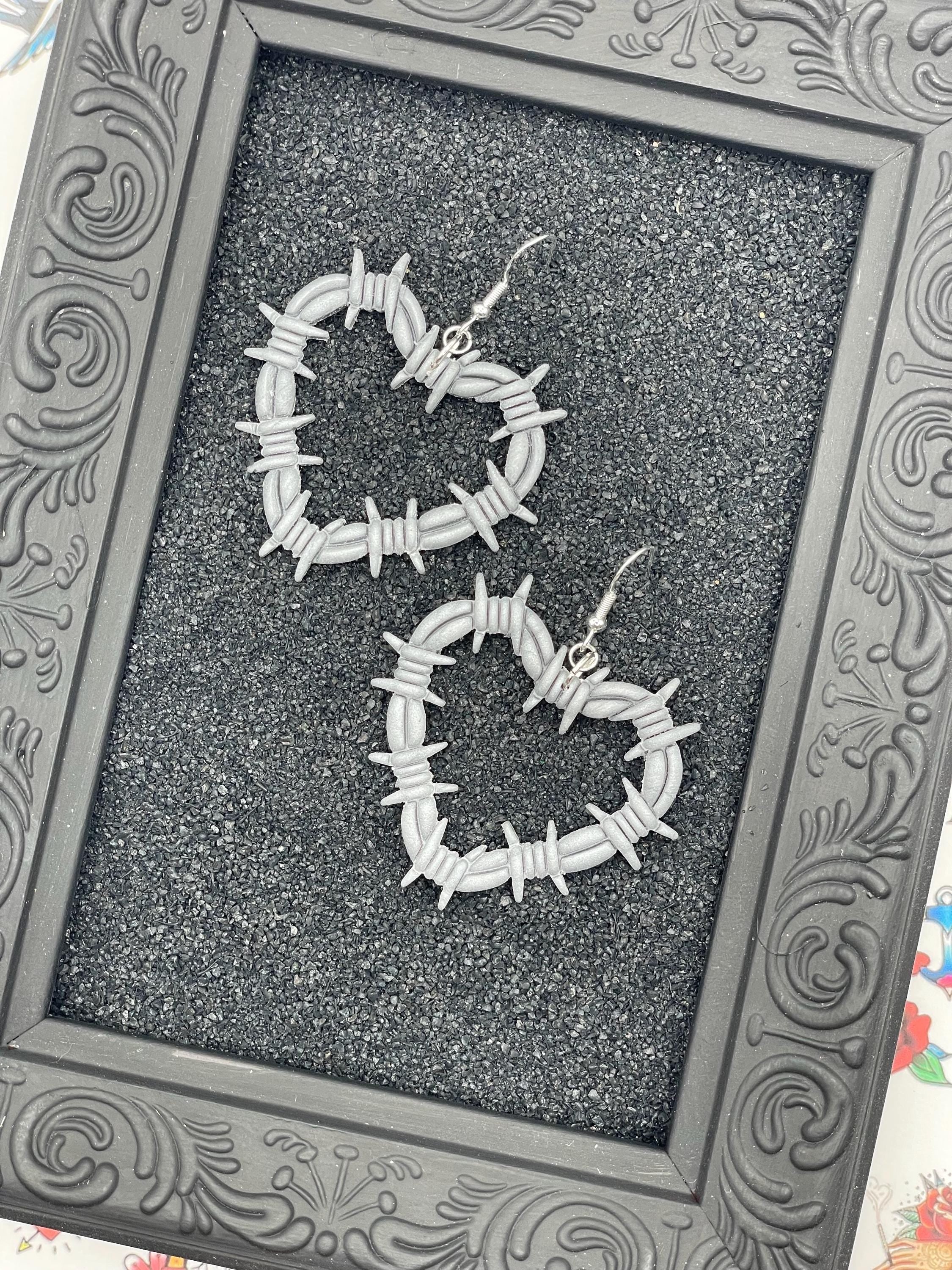 Tattoo-Barbwire Heart Tattoo Earrings: Handmade, Polymer Clay