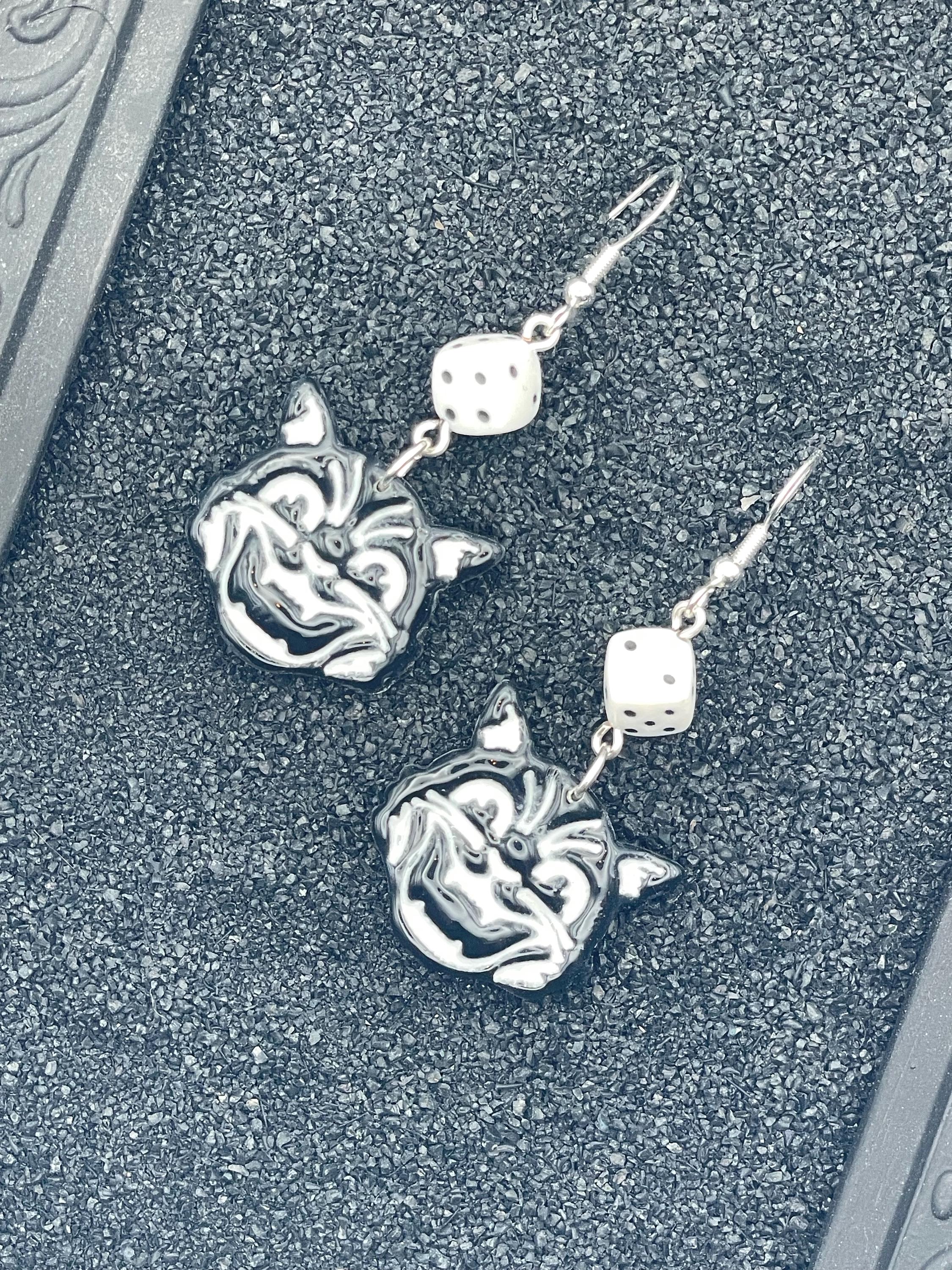 Cat Lover-Retro Kitty Cat with White Dice Earrings: Hand-Painted Polymer Clay