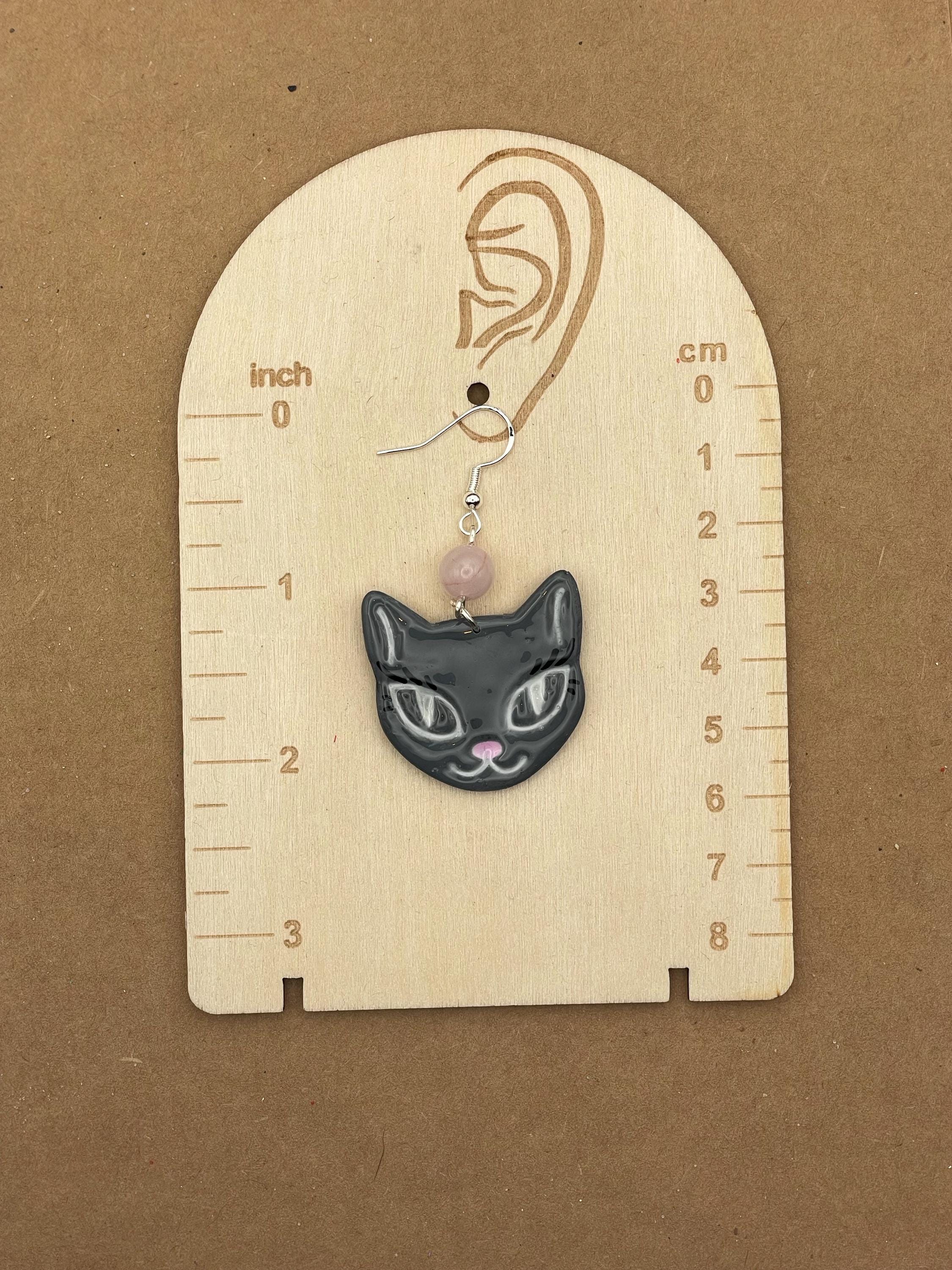 Cat Lover-Grey Kitty Cat with Rose Quartz Beads Earrings