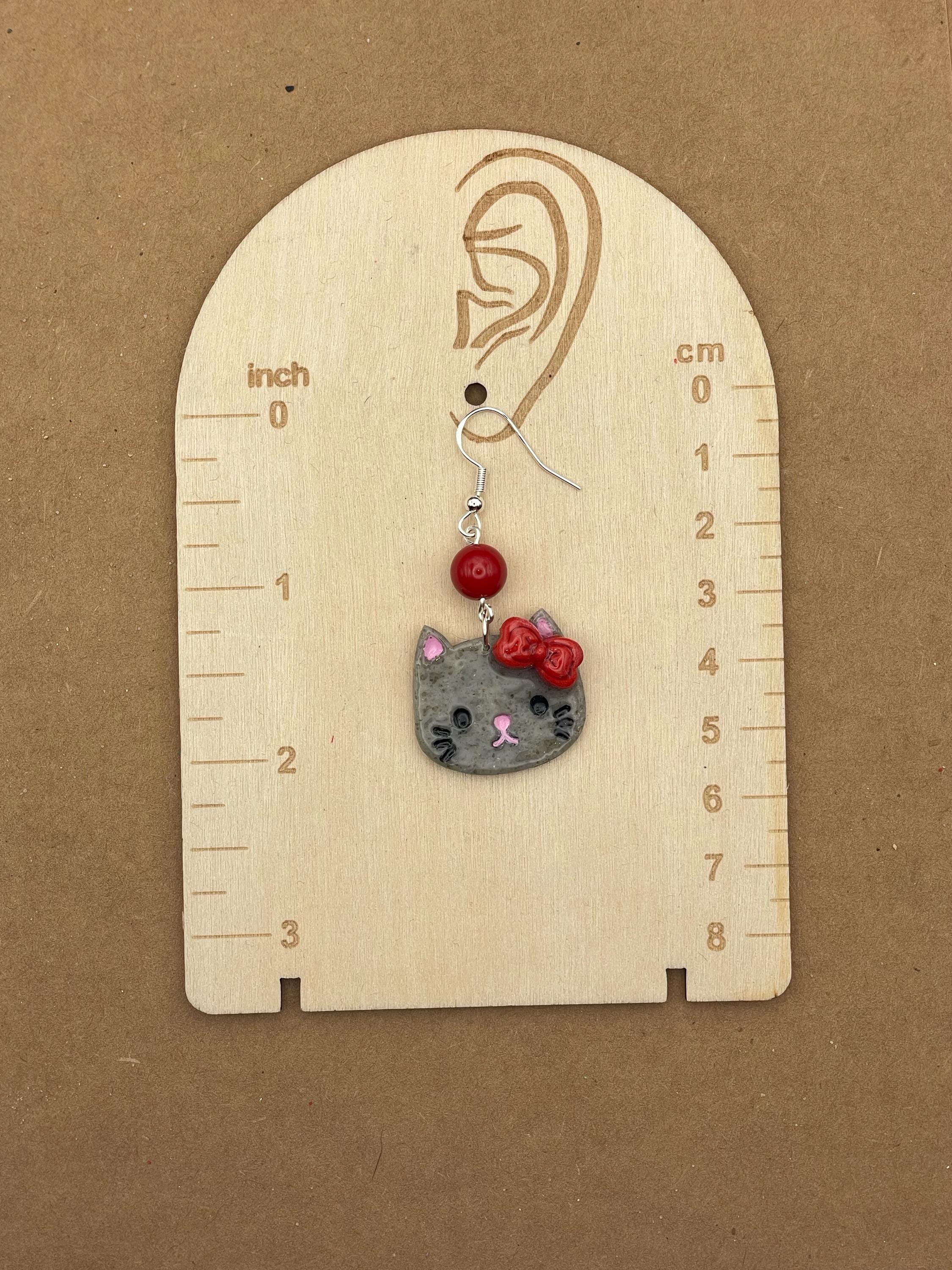 Cat Lover-Grey Cute Kitty Cat with Red Jade Beads Earrings