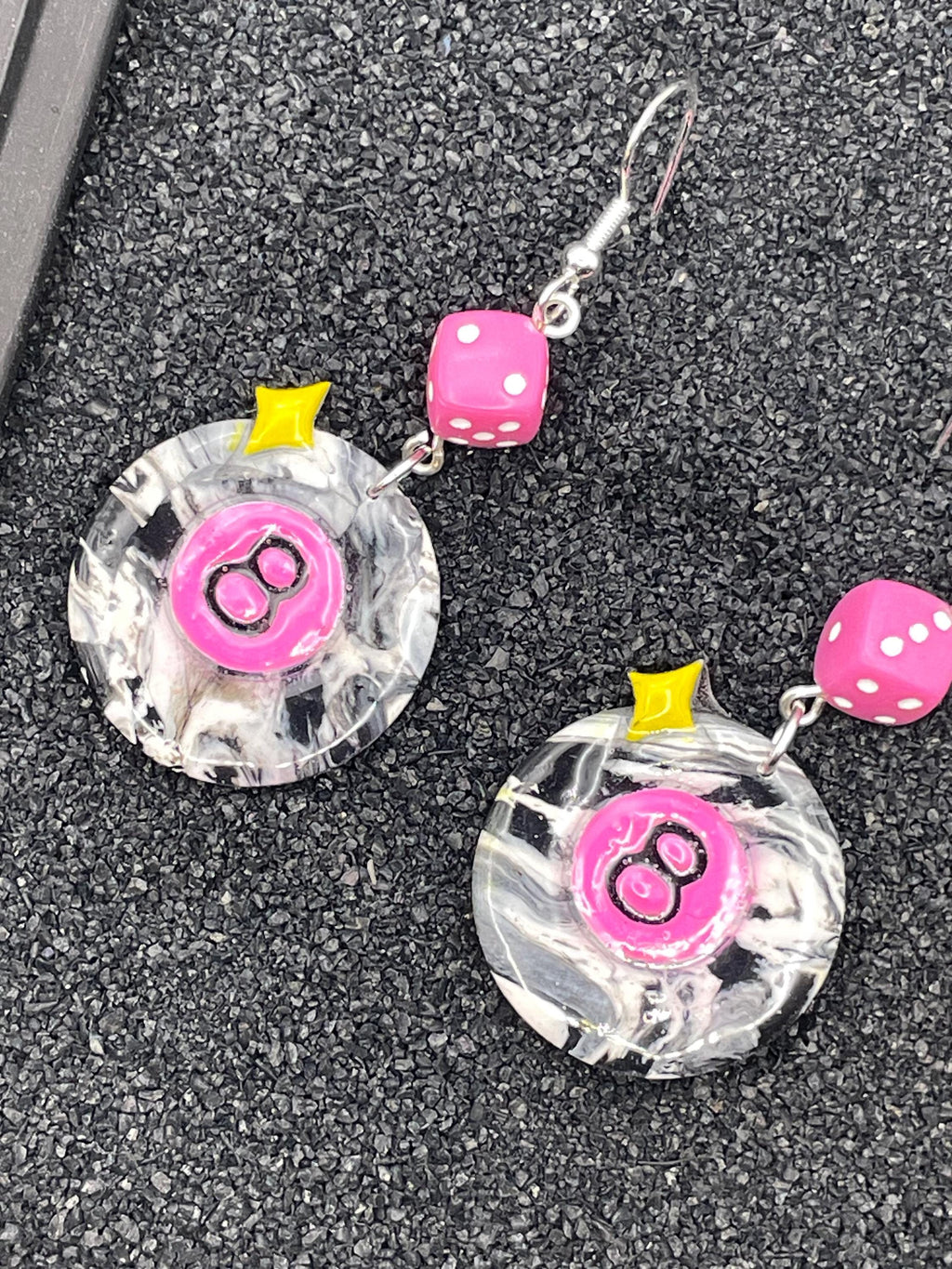 Tattoo-8-Ball Earrings with Pink Dice Detail: Hand-Painted Polymer Clay