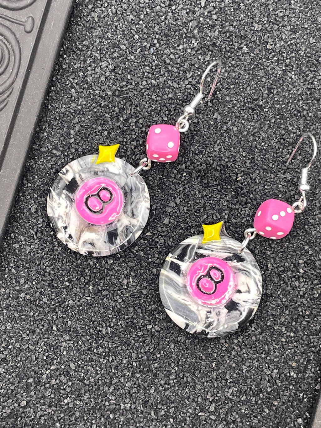 Tattoo-8-Ball Earrings with Pink Dice Detail: Hand-Painted Polymer Clay