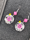 Tattoo-8-Ball Earrings with Pink Dice Detail: Hand-Painted Polymer Clay