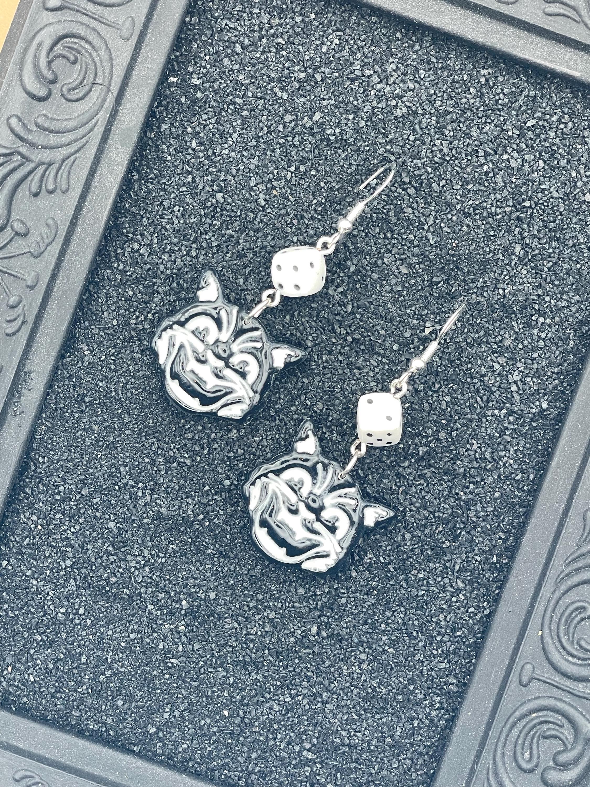 Cat Lover-Retro Kitty Cat with White Dice Earrings: Hand-Painted Polymer Clay