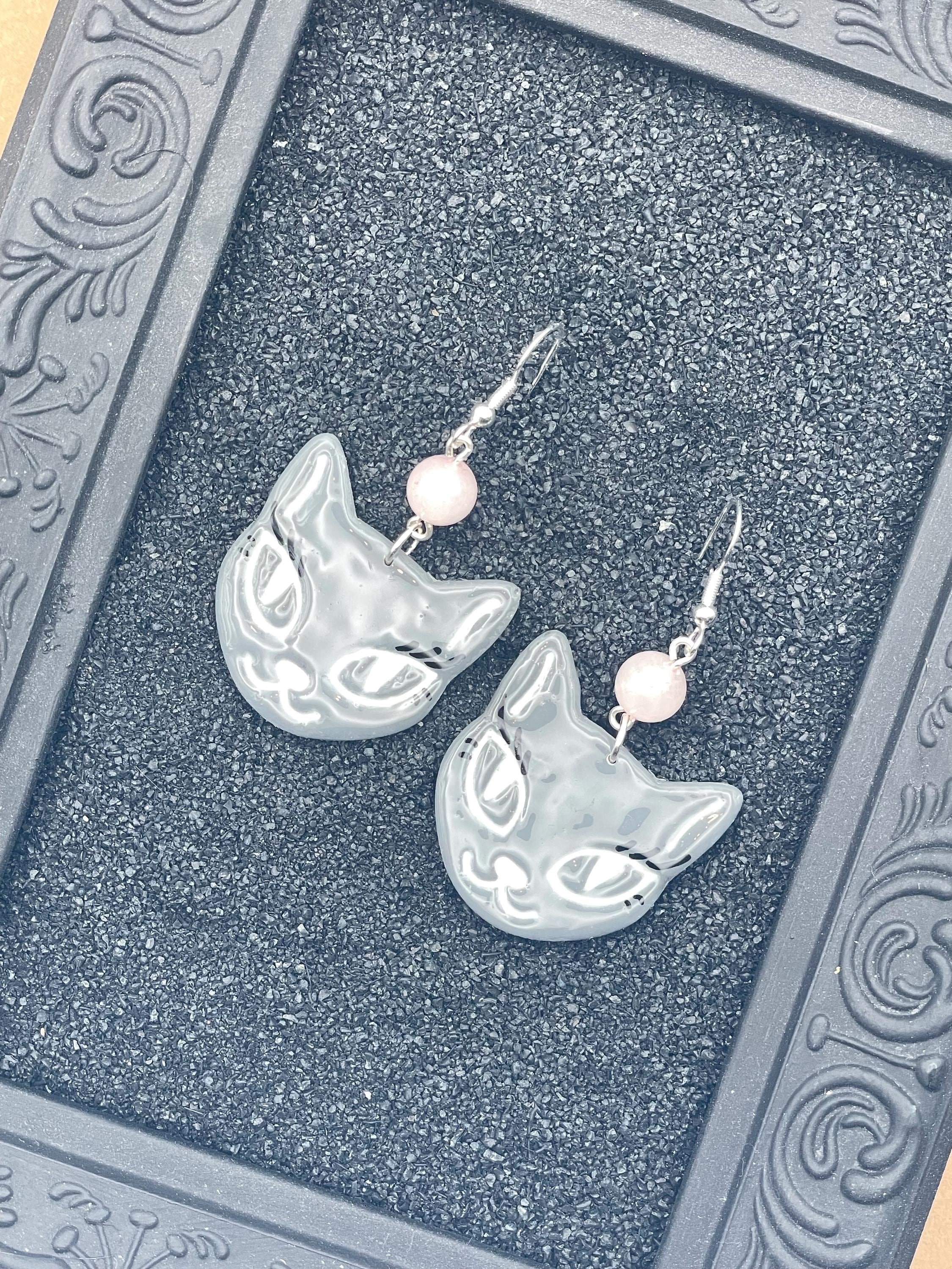 Cat Lover-Grey Kitty Cat with Rose Quartz Beads Earrings