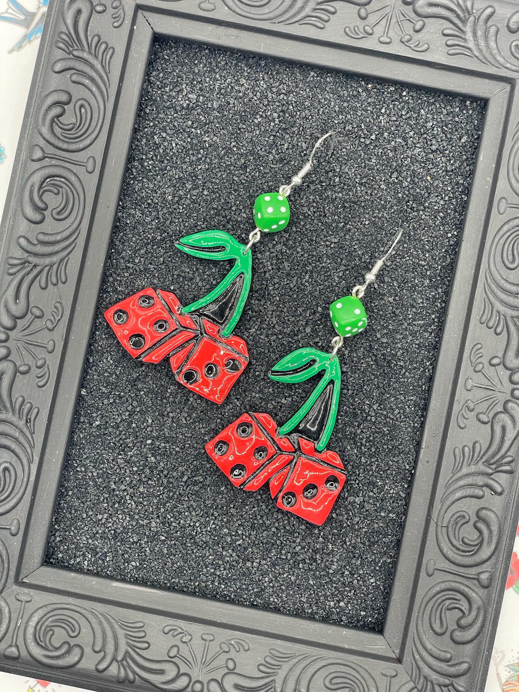 Tattoo-Cherry Dice Earrings with Dice Detail: Handmade, Hand-Painted Polymer Clay