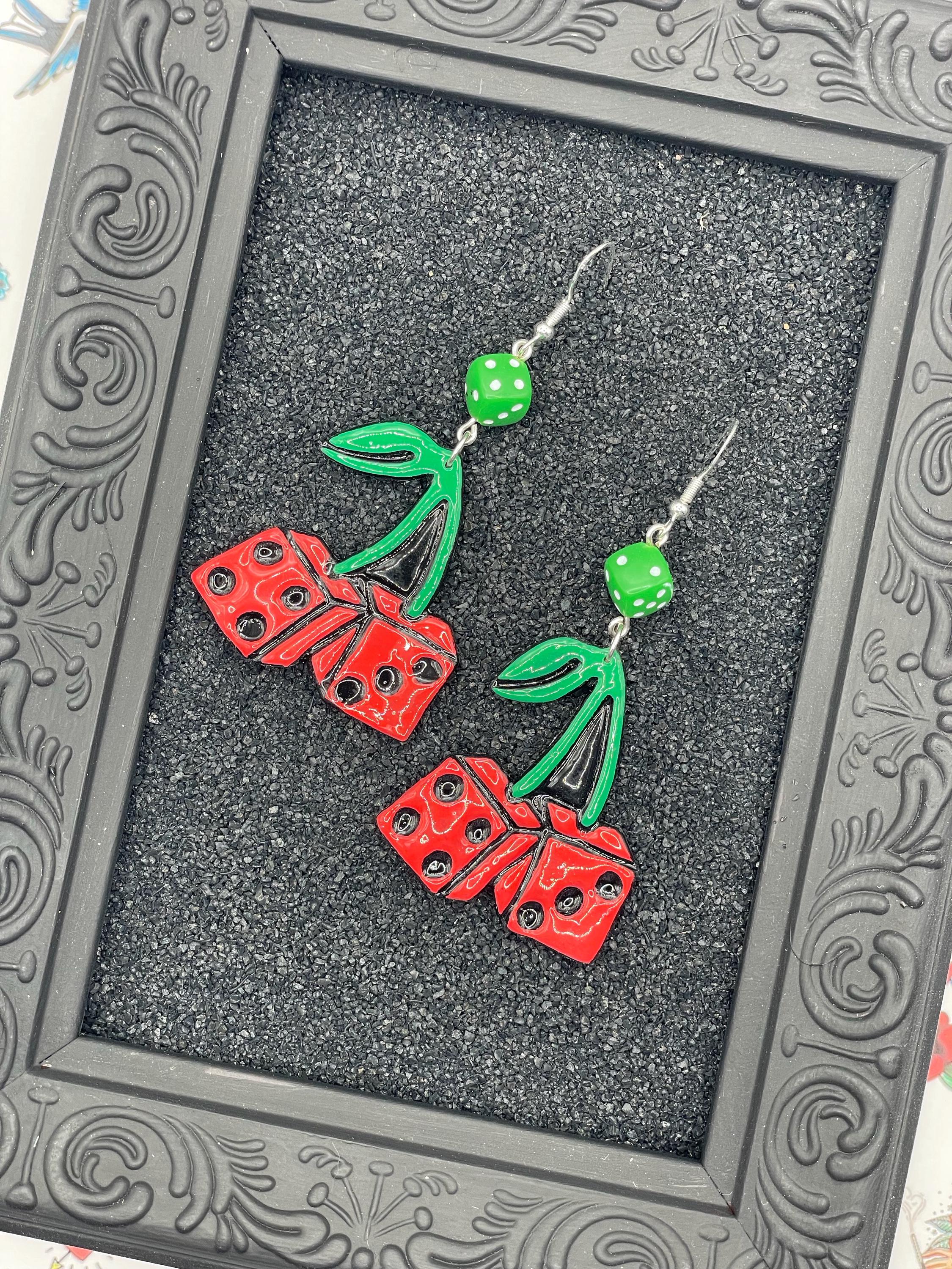 Tattoo-Cherry Dice Earrings: Hand-Painted Polymer Clay, Sailor Jerry Style