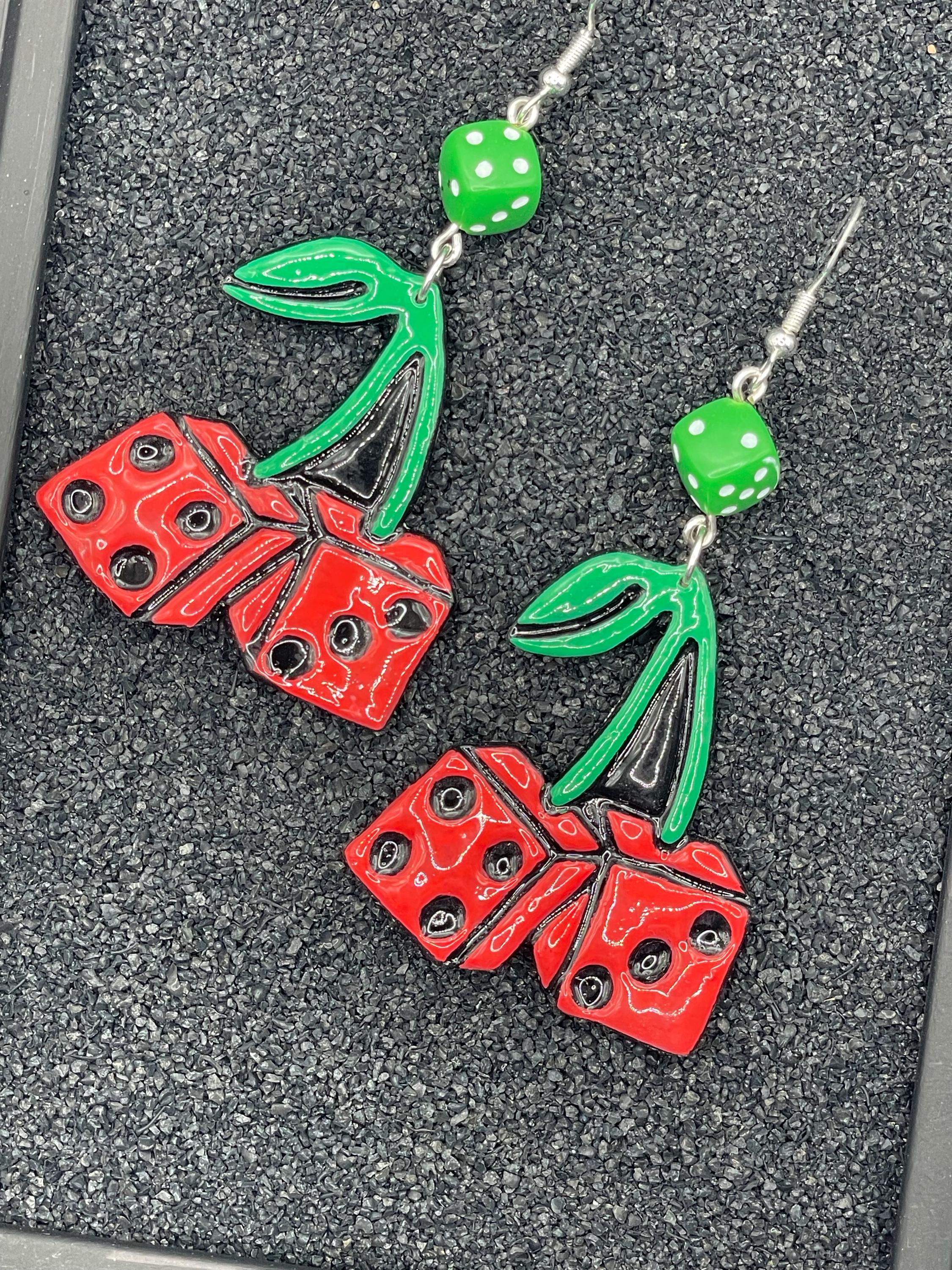 Tattoo-Cherry Dice Earrings: Hand-Painted Polymer Clay, Sailor Jerry Style