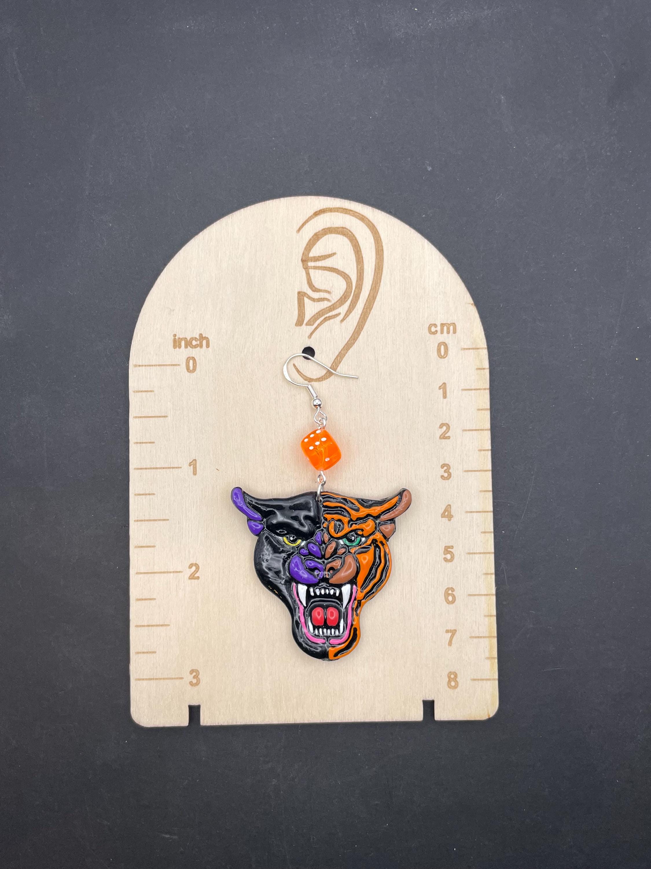 Tattoo-Handmade Tattoo Panther/Tiger Earrings: Sailor Jerry Style Polymer Clay