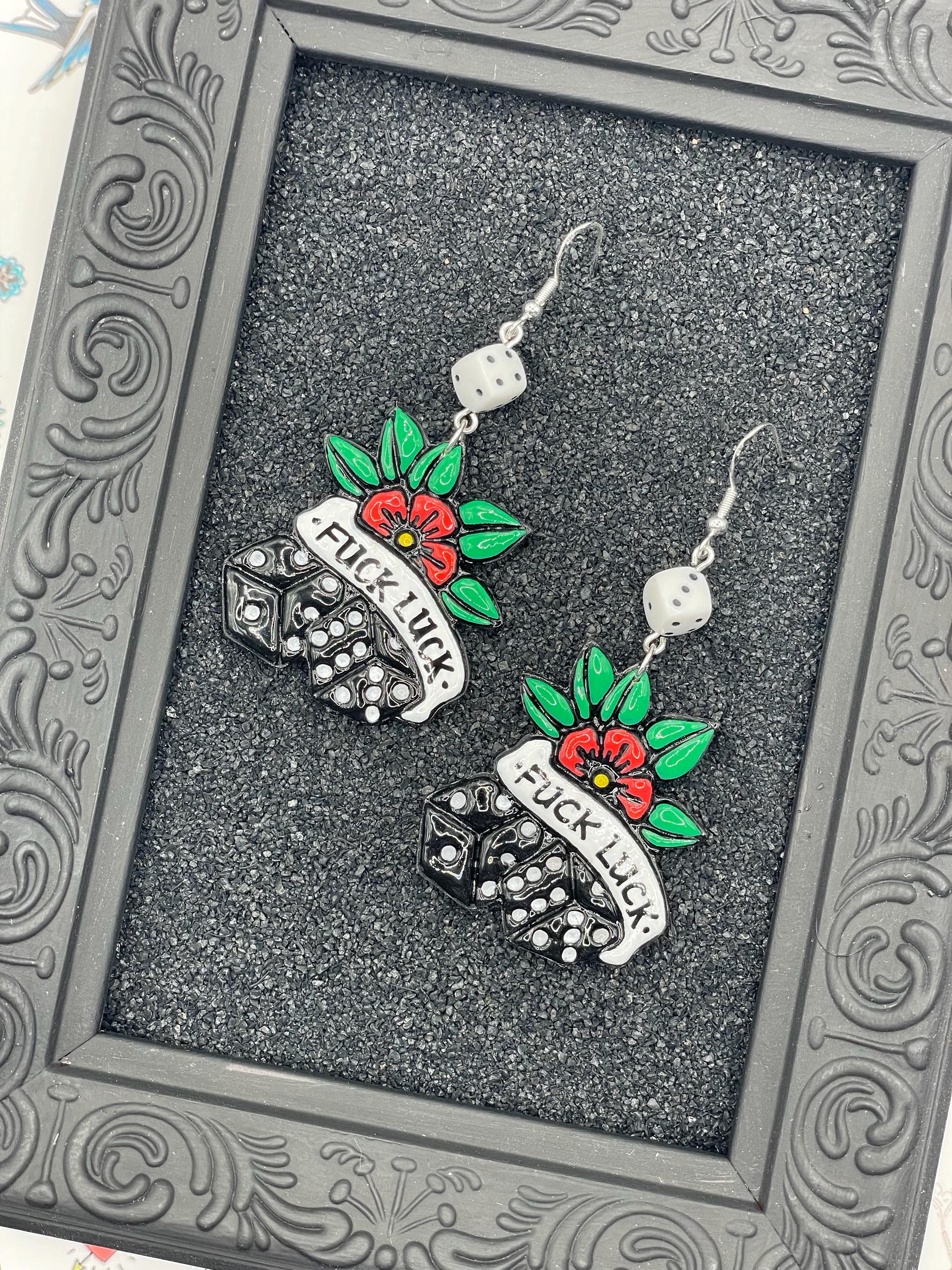 Tattoo-Fuck Luck Earrings: Hand-Painted Polymer Clay, Sailor Jerry Style