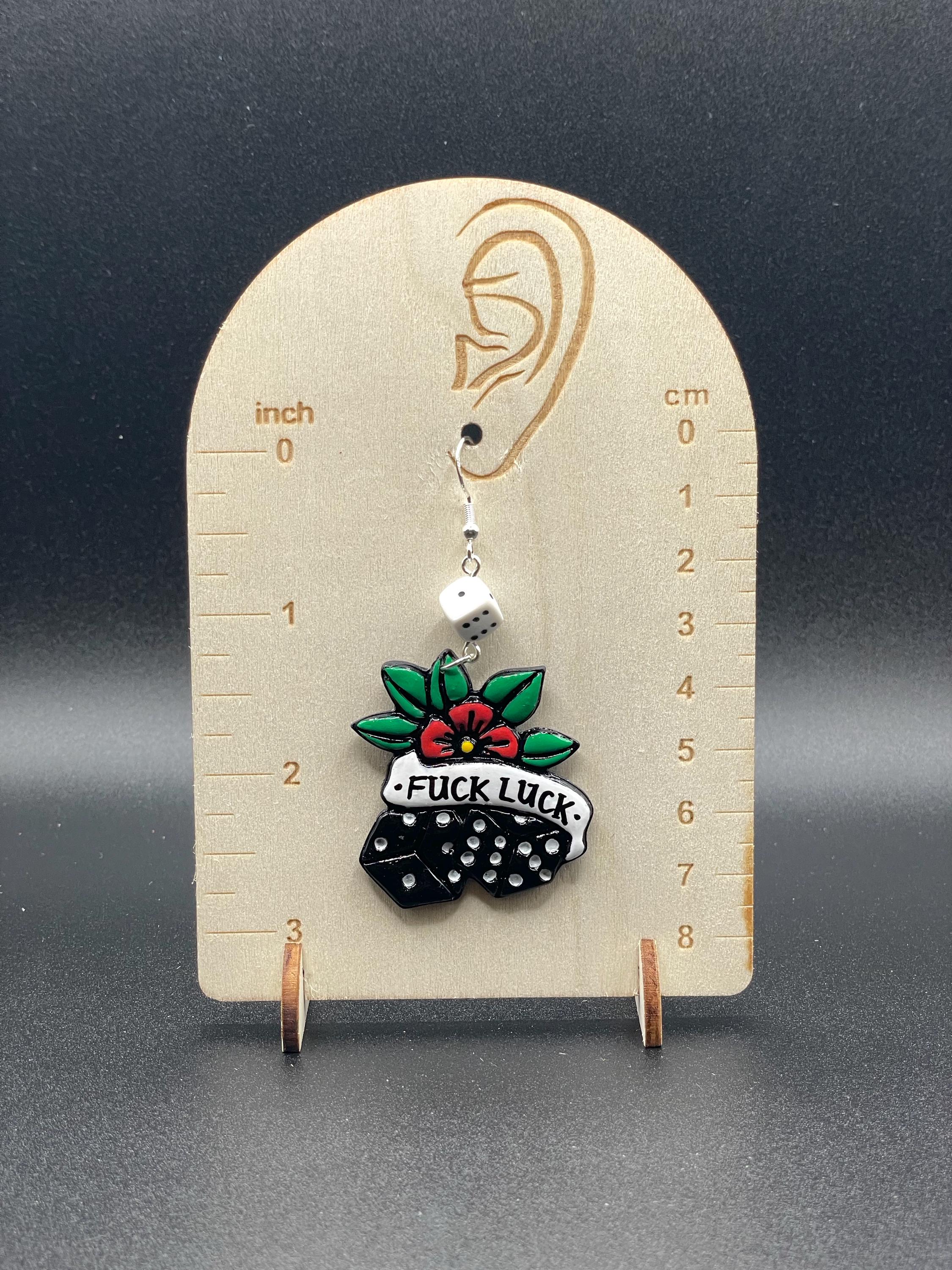 Tattoo-Fuck Luck Earrings: Hand-Painted Polymer Clay, Sailor Jerry Style