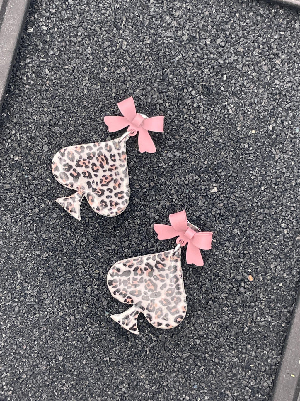 Vegas-Leopard Ace of Spades Earrings with Pink Bow Detail: Handmade, Hand-Painted Polymer Clay