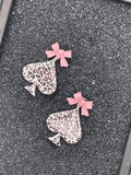 Vegas-Leopard Ace of Spades Earrings with Pink Bow Detail: Handmade, Hand-Painted Polymer Clay