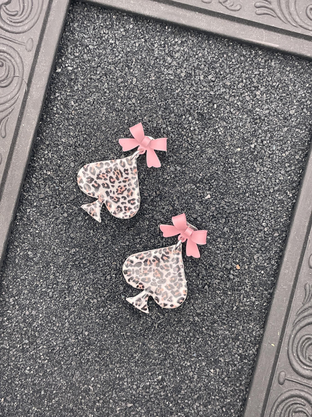 Vegas-Leopard Ace of Spades Earrings with Pink Bow Detail: Handmade, Hand-Painted Polymer Clay