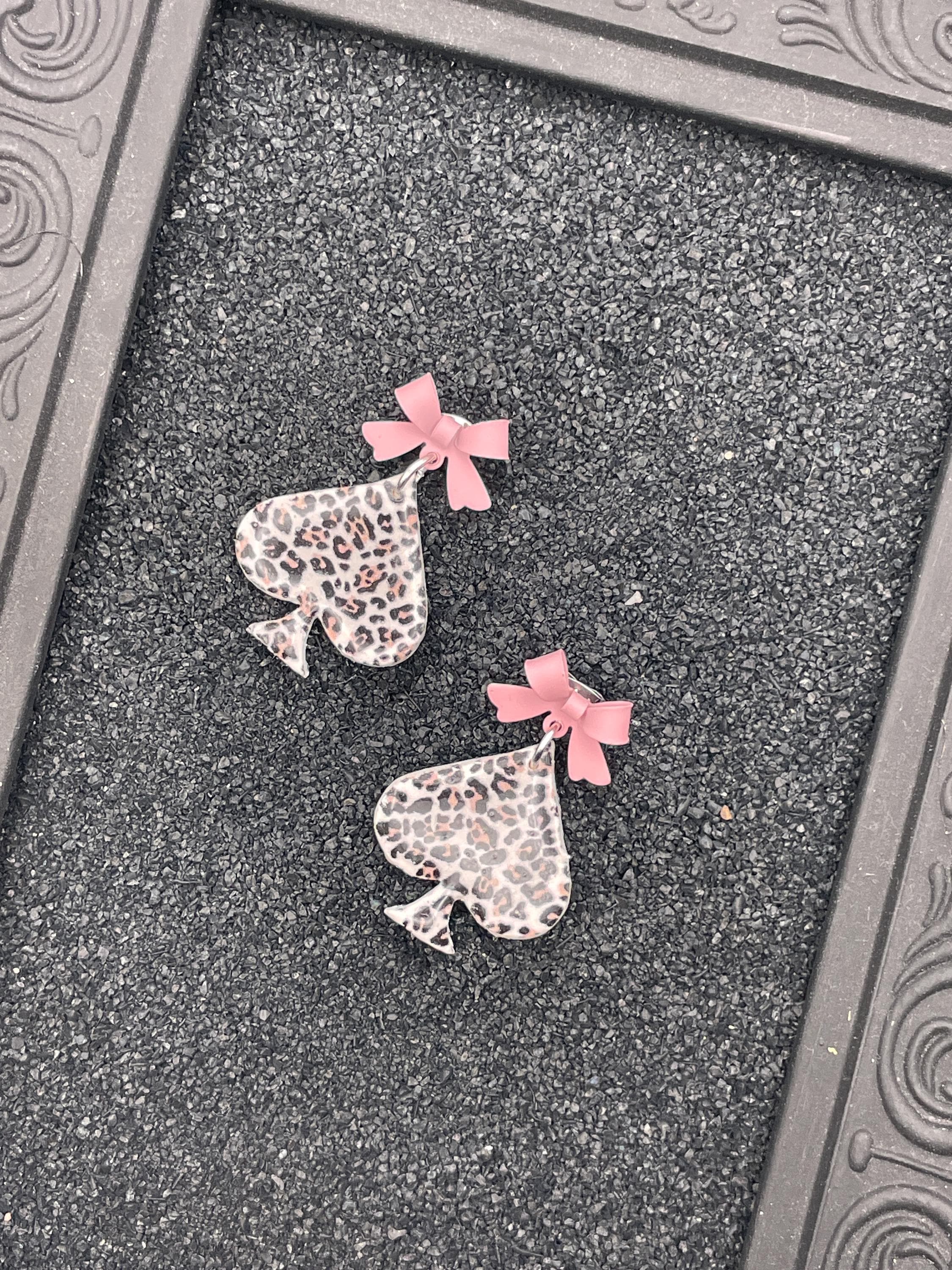 Vegas-Leopard Ace of Spades Earrings with Pink Bow Detail: Handmade, Hand-Painted Polymer Clay