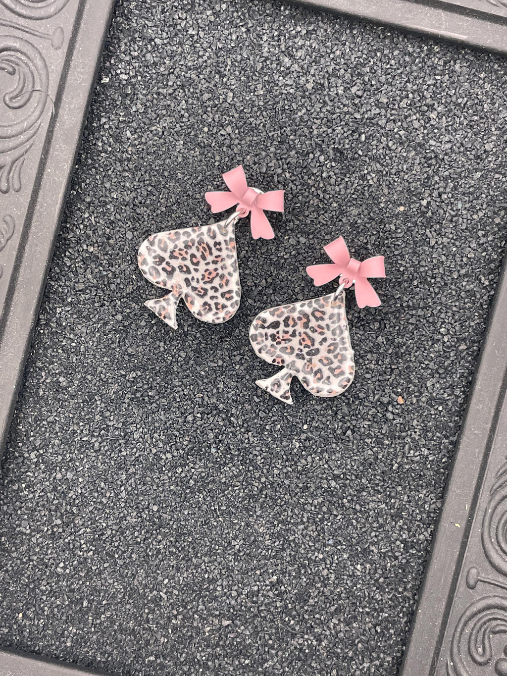 Vegas-Leopard Ace of Spades Earrings with Pink Bow Detail: Handmade, Hand-Painted Polymer Clay