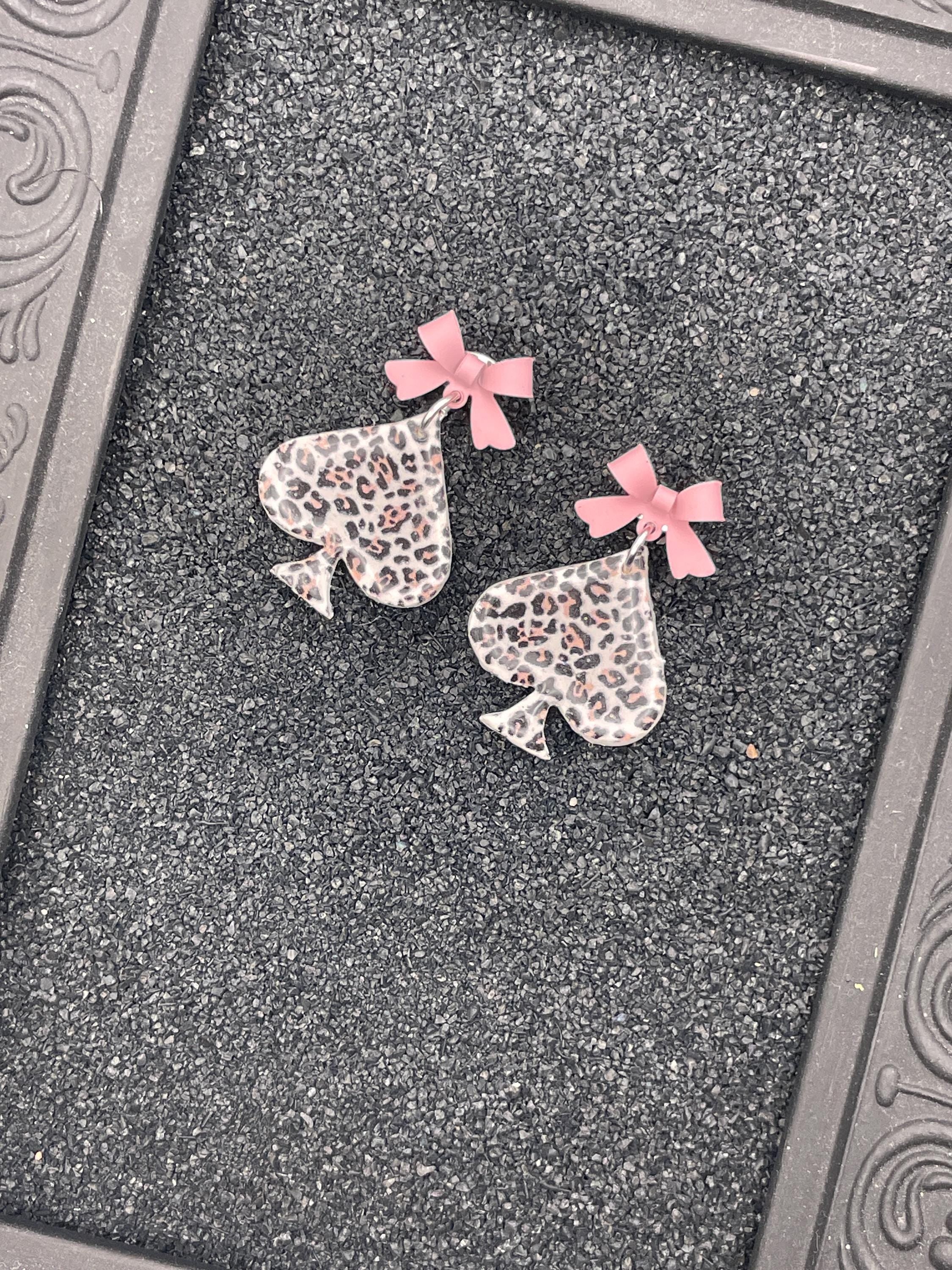 Vegas-Leopard Ace of Spades Earrings with Pink Bow Detail: Handmade, Hand-Painted Polymer Clay
