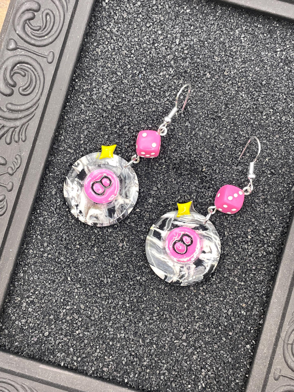 Tattoo-8-Ball Earrings with Pink Dice Detail: Hand-Painted Polymer Clay