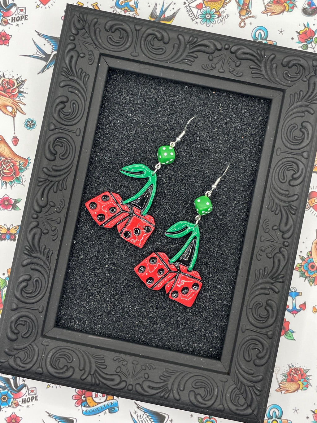 Tattoo-Cherry Dice Earrings with Dice Detail: Handmade, Hand-Painted Polymer Clay
