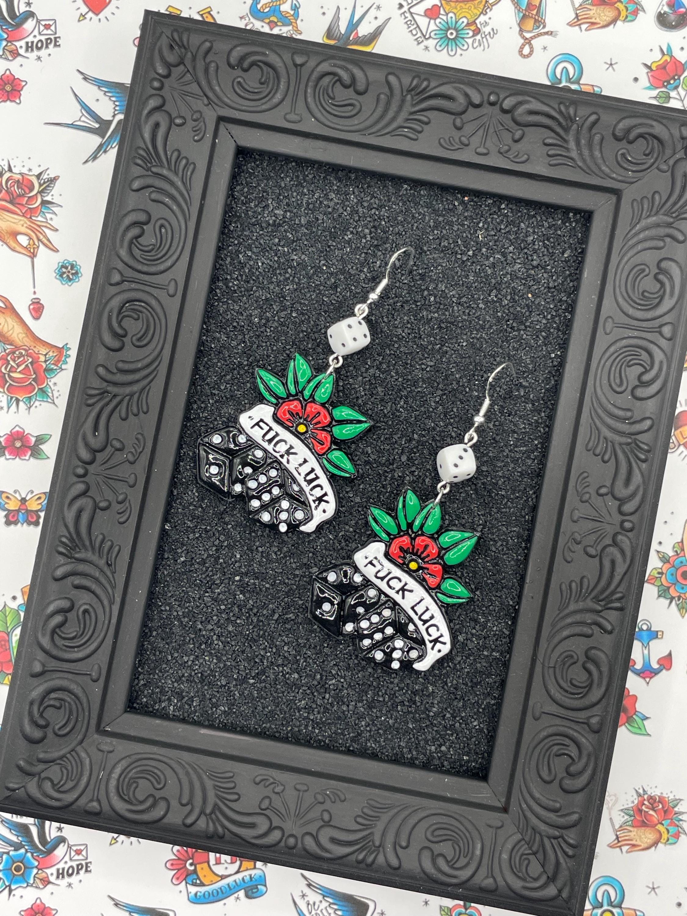 Tattoo-Fuck Luck Earrings: Hand-Painted Polymer Clay, Sailor Jerry Style
