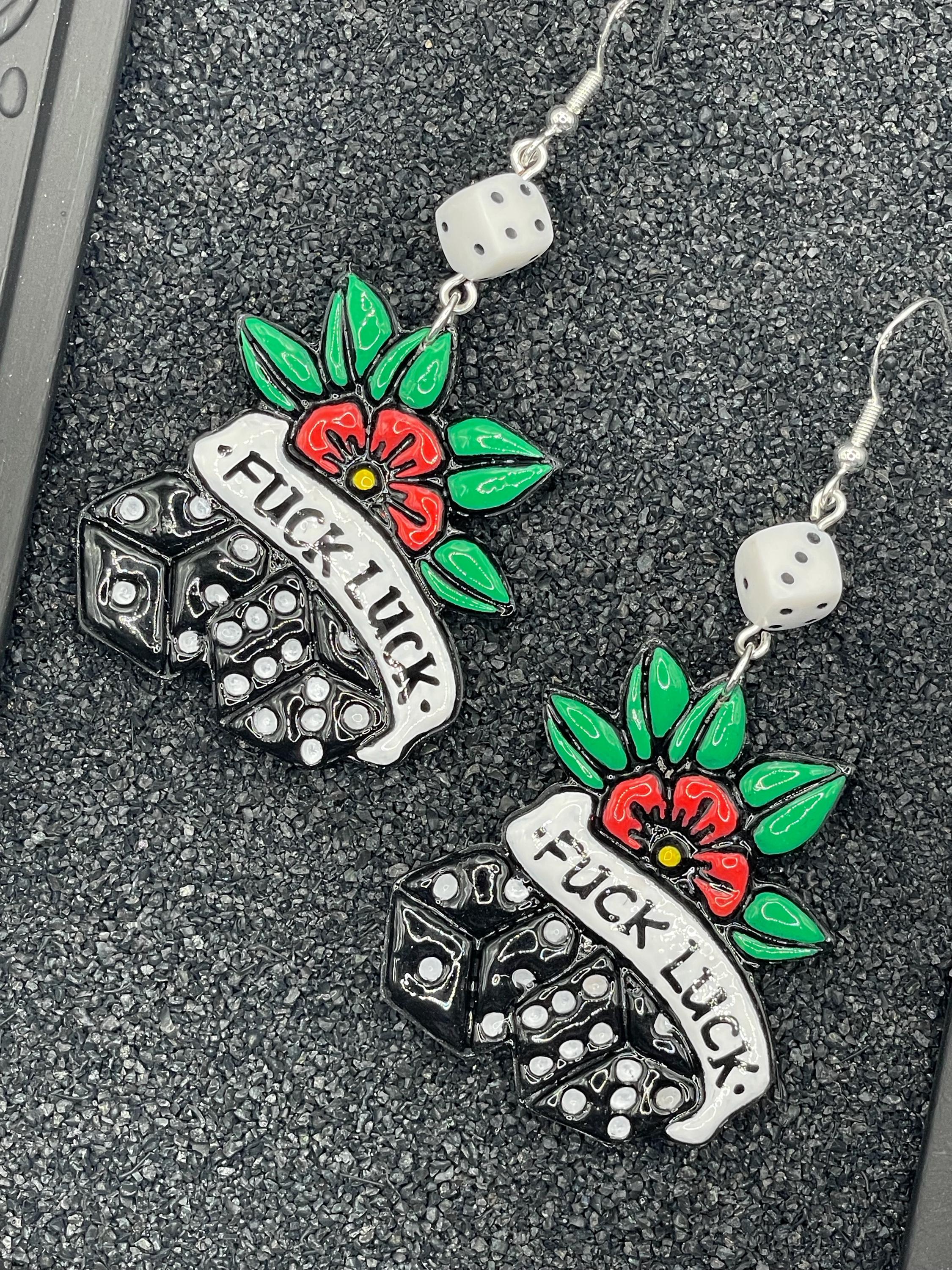 Tattoo-Fuck Luck Earrings: Hand-Painted Polymer Clay, Sailor Jerry Style