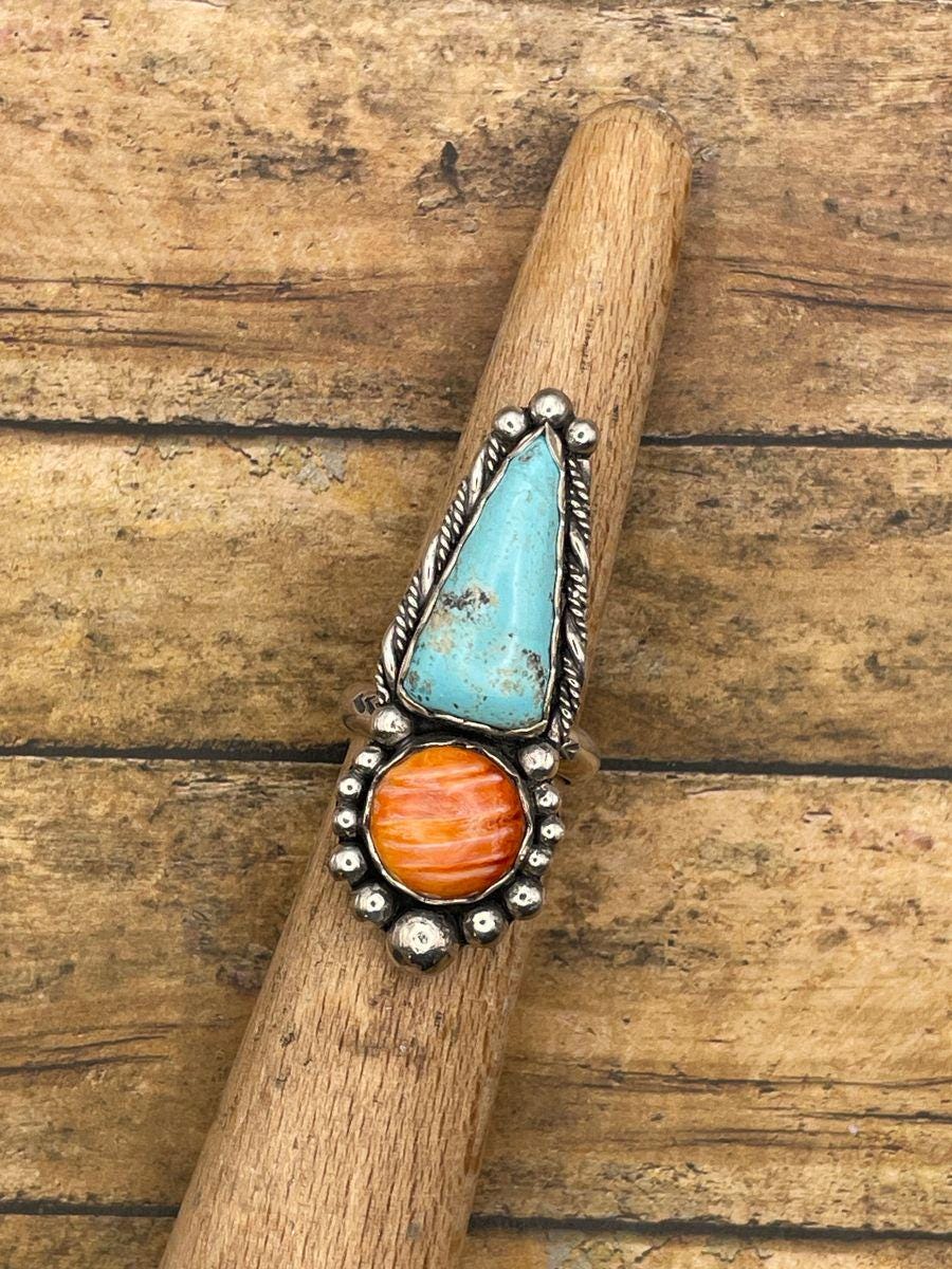 Blossom-Turquoise and Spiny Oyster Double Gemstone Ring