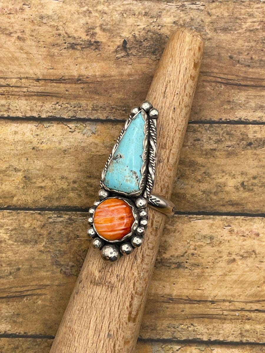Blossom-Turquoise and Spiny Oyster Double Gemstone Ring