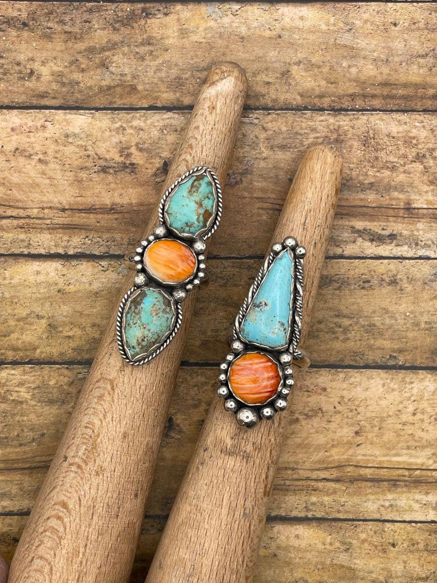 Blossom-Turquoise and Spiny Oyster Double Gemstone Ring