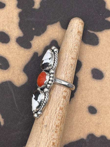Amelia-White Buffalo Turquoise and Red Coral Triple Gemstone Ring