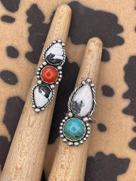 Amelia-White Buffalo Turquoise and Red Coral Triple Gemstone Ring