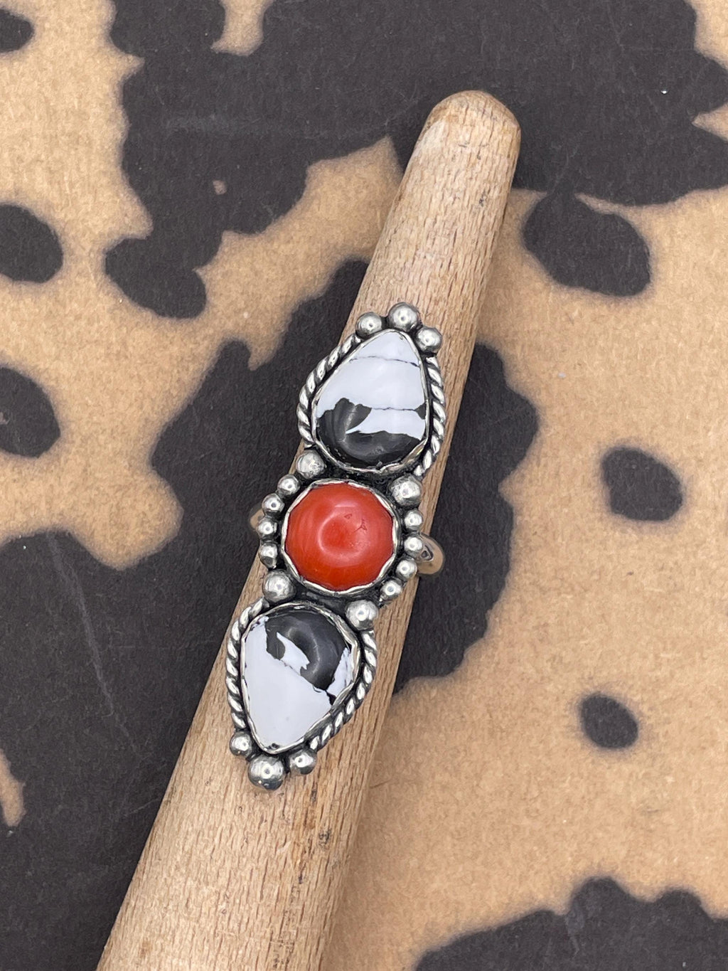 Amelia-White Buffalo Turquoise and Red Coral Triple Gemstone Ring