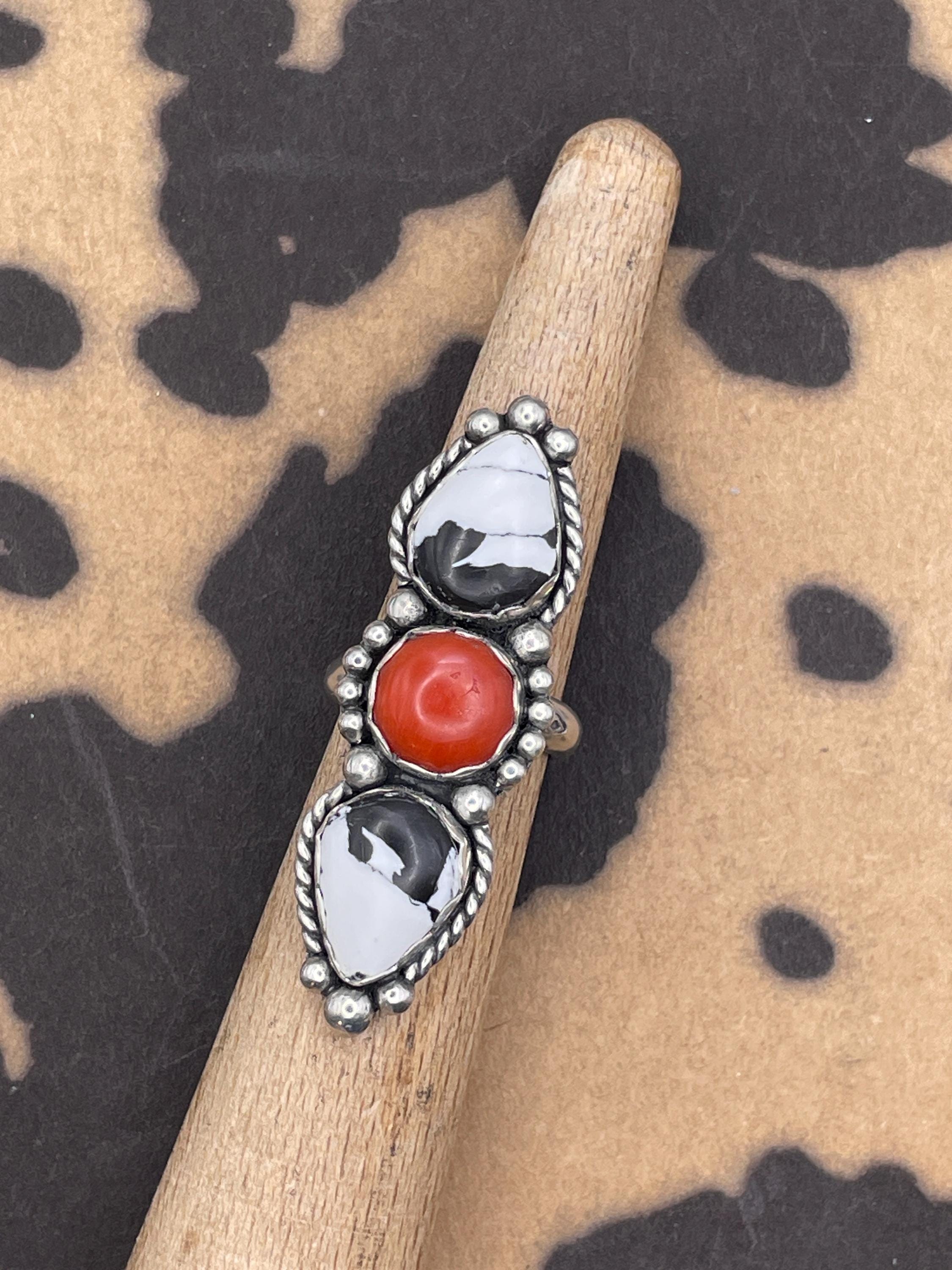 Amelia-White Buffalo Turquoise and Red Coral Triple Gemstone Ring