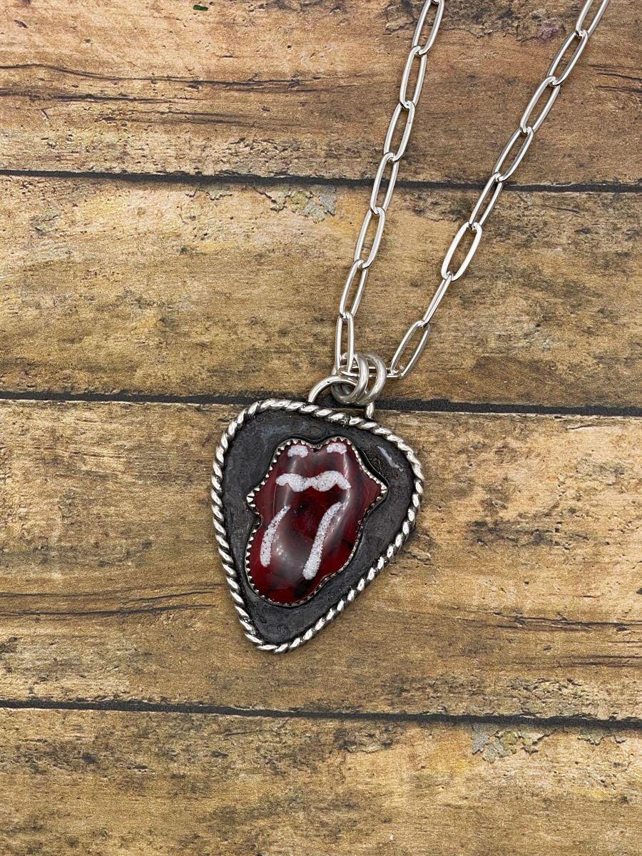 Riley-Rolling Stones Guitar Pick Pendant, Bloody Basin Jasper