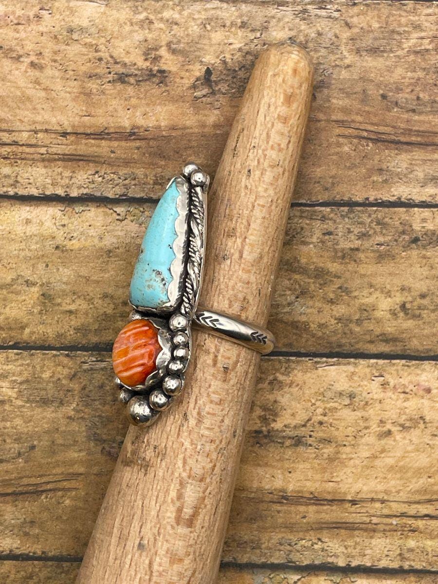 Blossom-Turquoise and Spiny Oyster Double Gemstone Ring