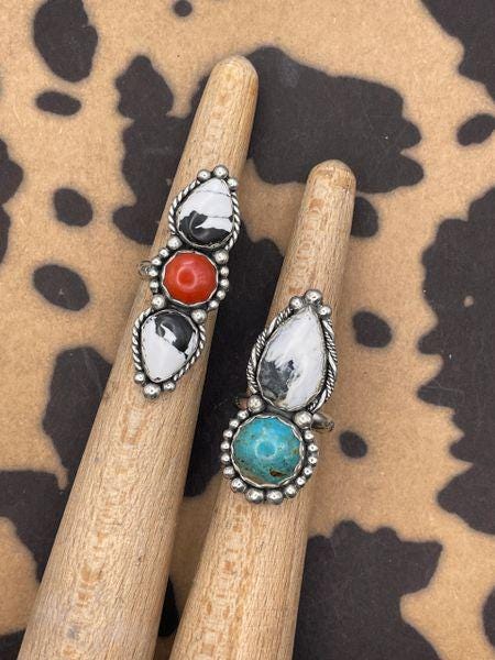 Amelia-White Buffalo Turquoise and Red Coral Triple Gemstone Ring