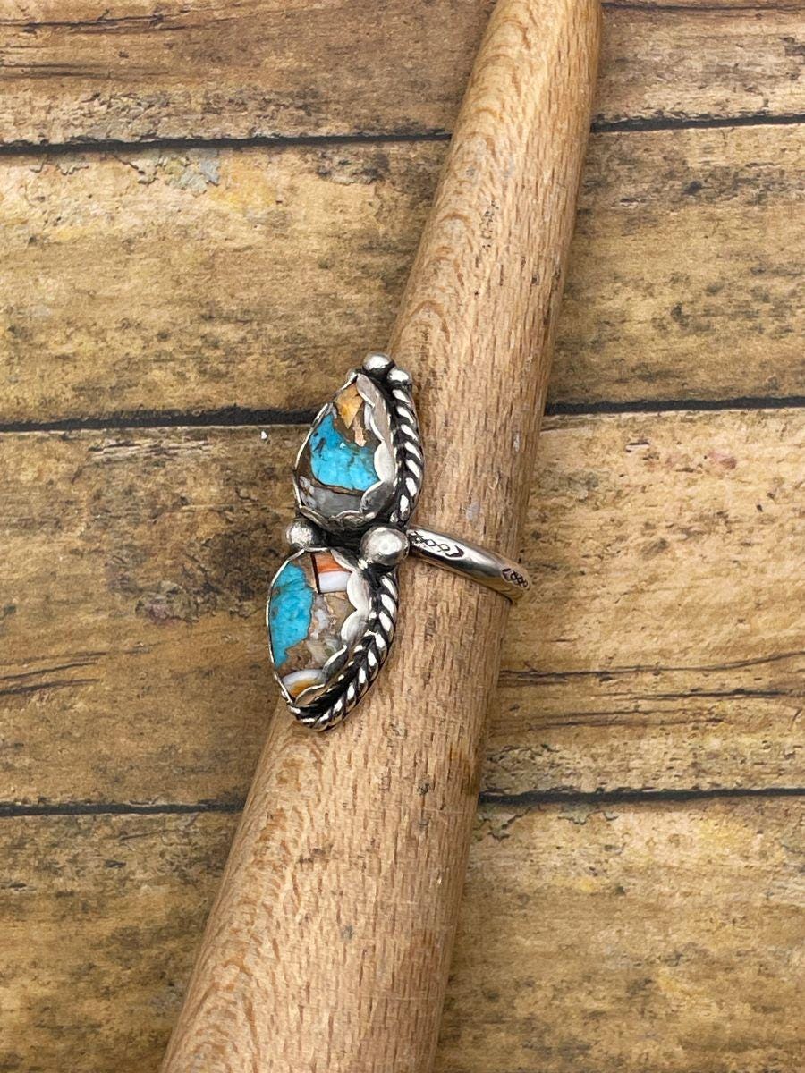 Caitlyn-Spiny Oyster Turquoise Double Stone Ring