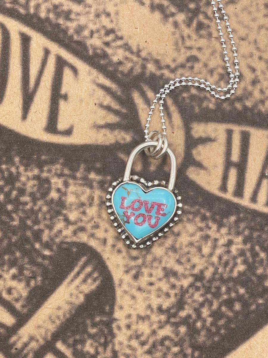 Babe-Love you Turquoise Heart Faux Lock Pendant