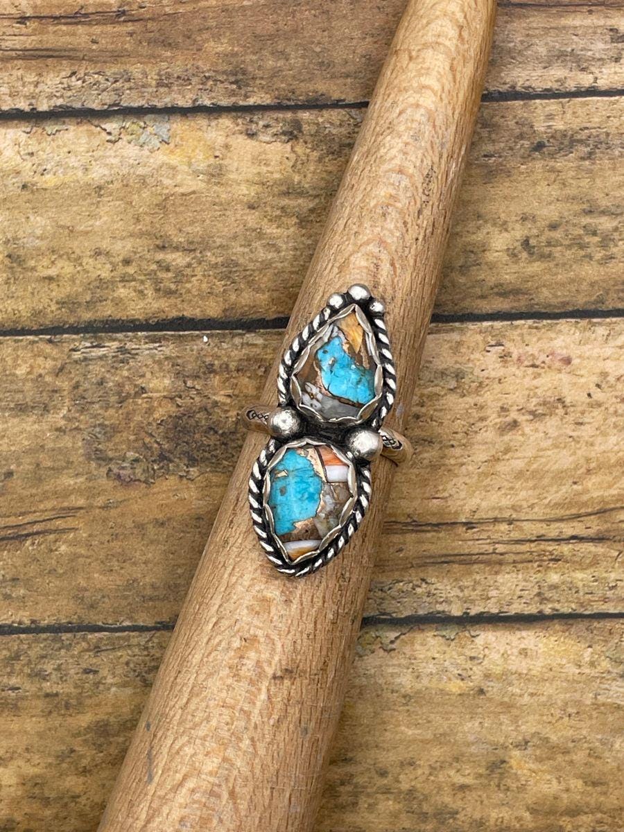 Caitlyn-Spiny Oyster Turquoise Double Stone Ring