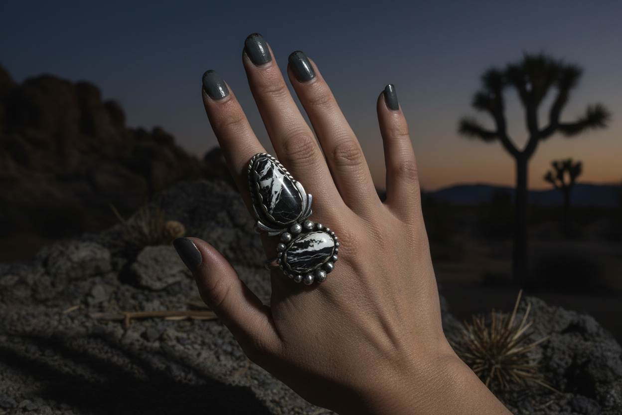 Moody Double Stone White Buffalo Ring on Blonde Woman