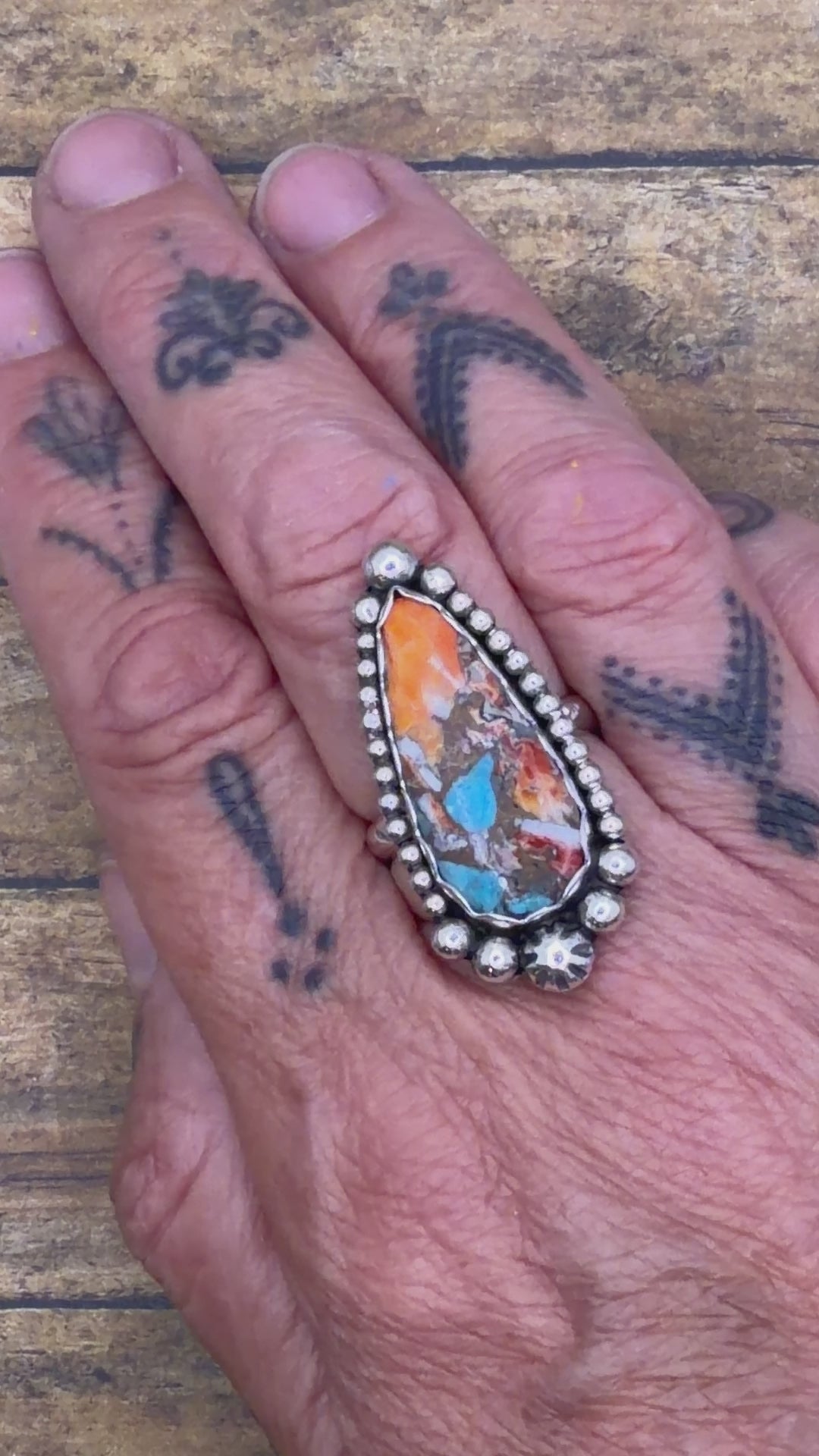 Camala-Spiny Oyster Turquoise Teardrop Statement Ring