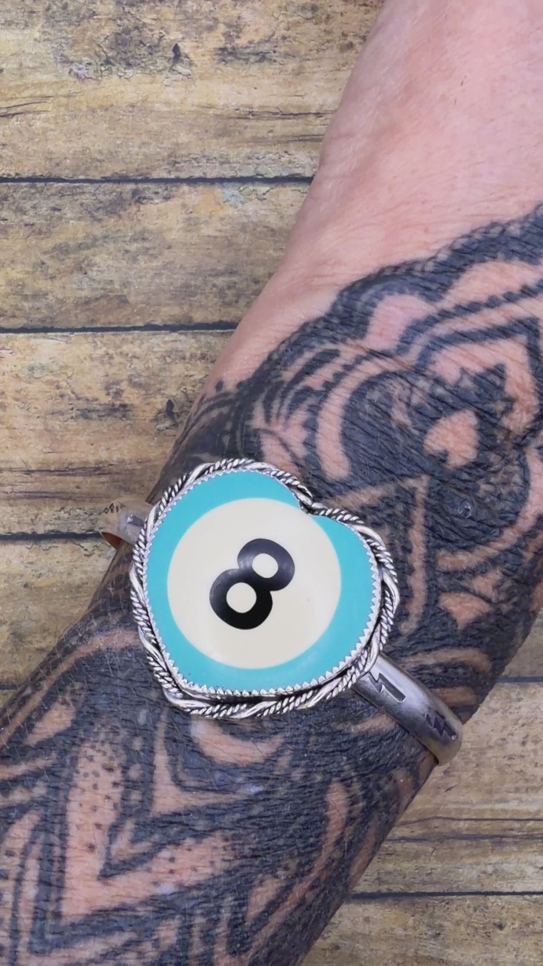 Sandy – Turquoise 8-Ball Heart Cuff | Custom Color Billiard Ball | Sterling Silver Statement Bracelet